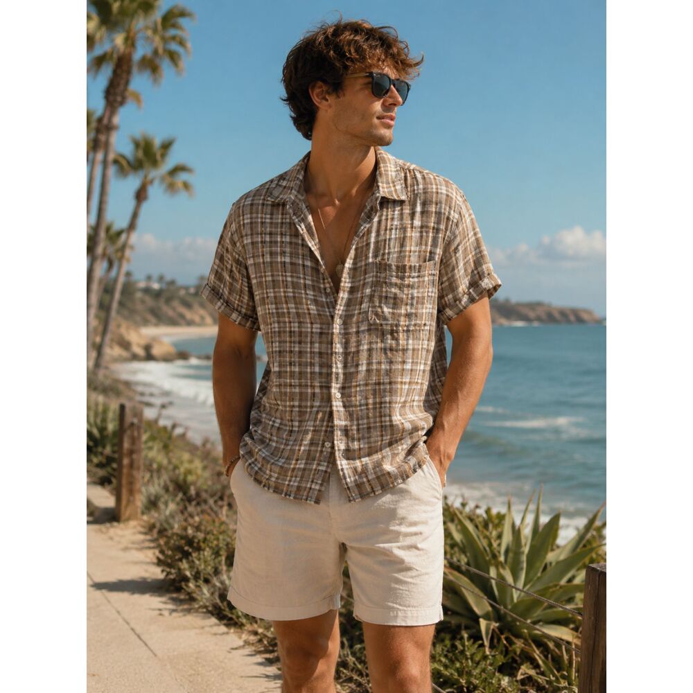 Men’s 100% Linen Shirt Plaid Brown Beige Button Up Casual Summer Lightweight M
